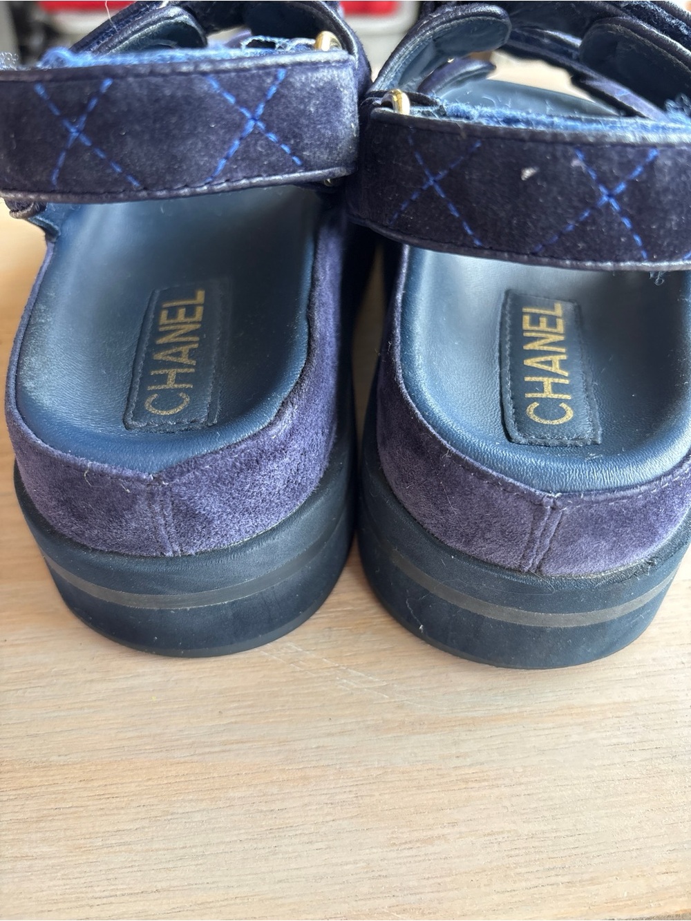 CHANEL Dark Blue Suede Quilted Platform Sandals